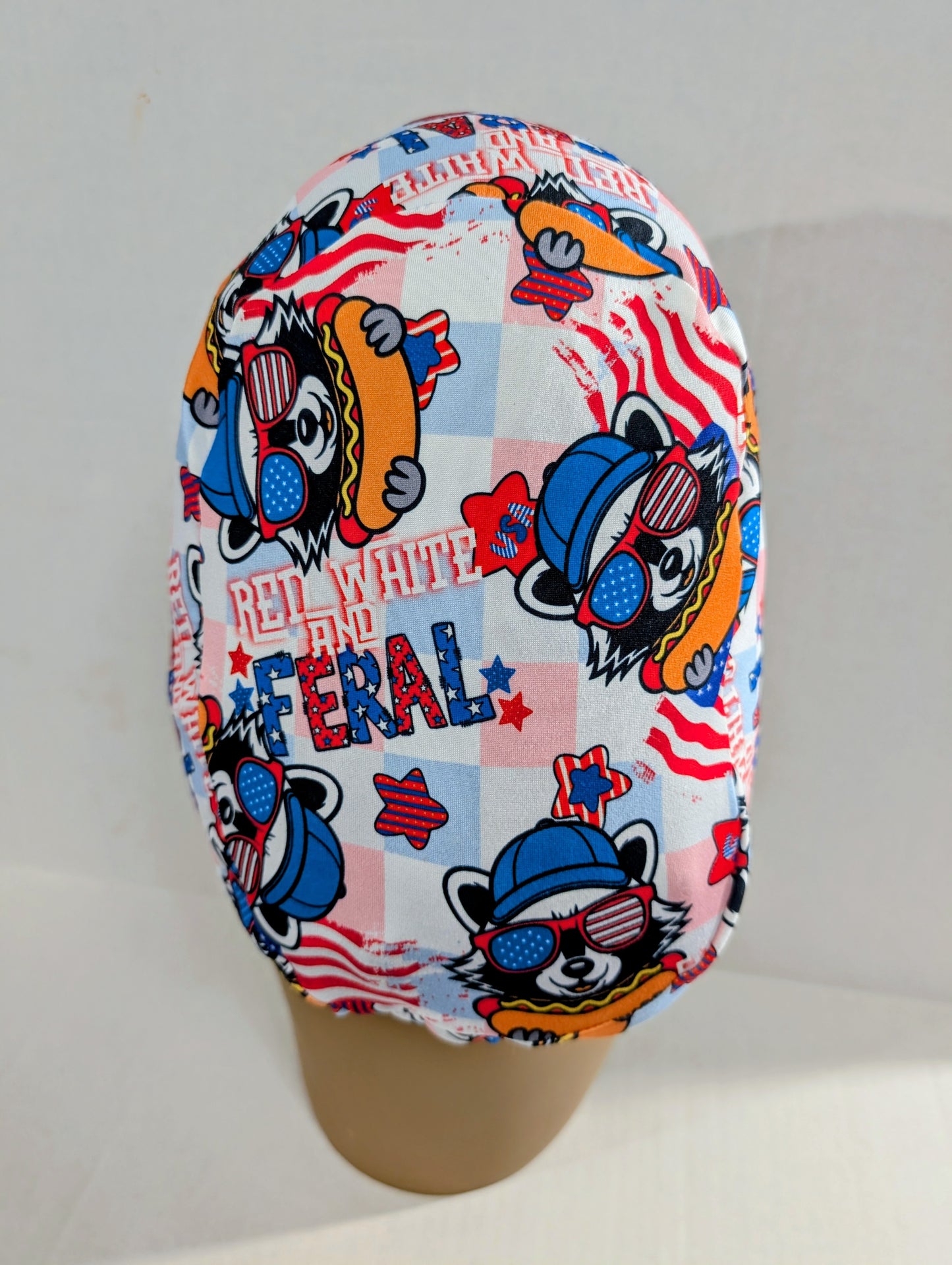 4th of July, USA, Raccoon, Scrub Cap, Surgical Hat, Euro Scrub Cap, European, Chemo Hat