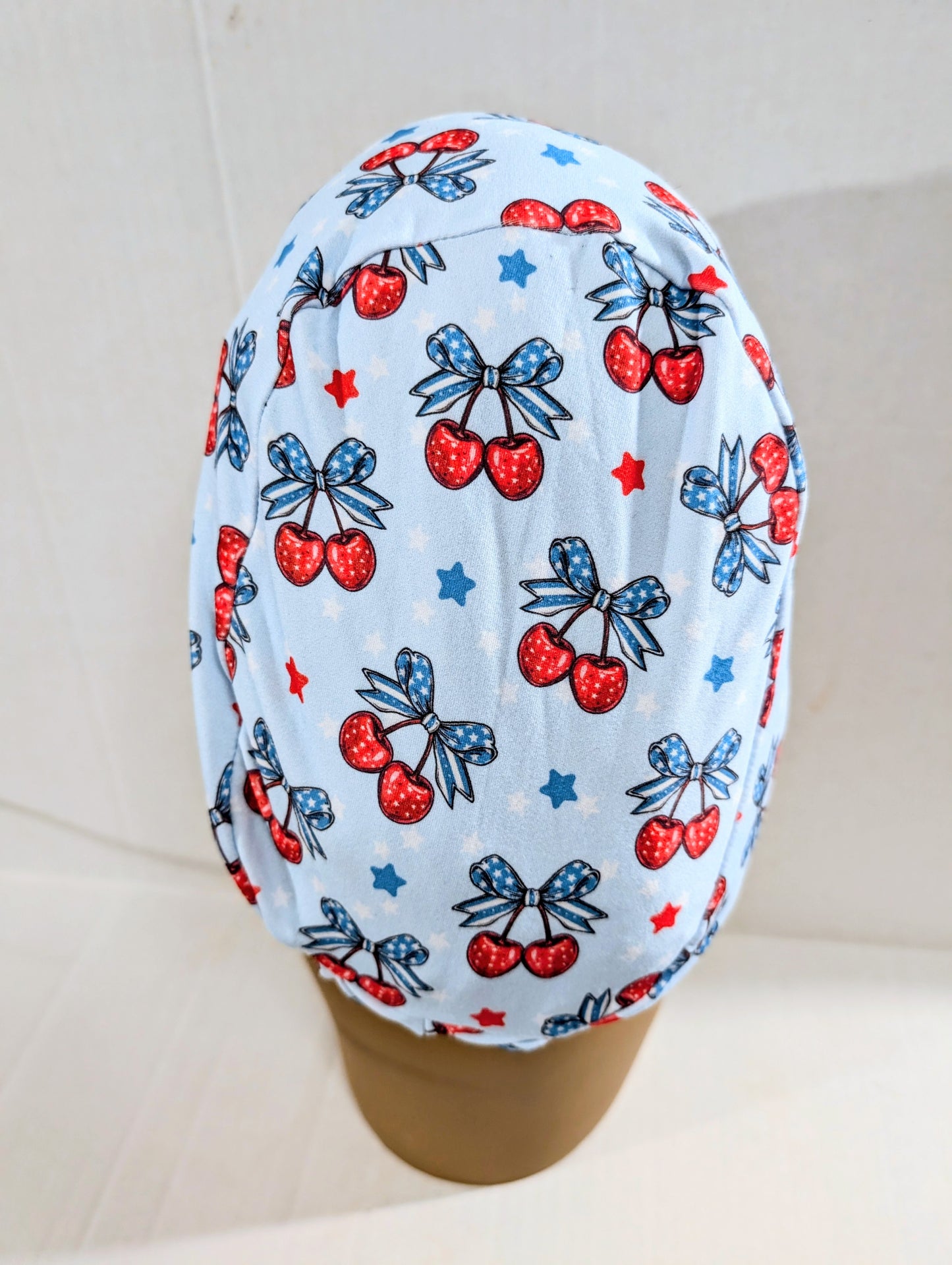 Scrub Cap, Surgical Hat, Euro Style Scrub Cap, Chemo Hat, Stretchy, USA, 4th of July, Memorial Day, Cherries