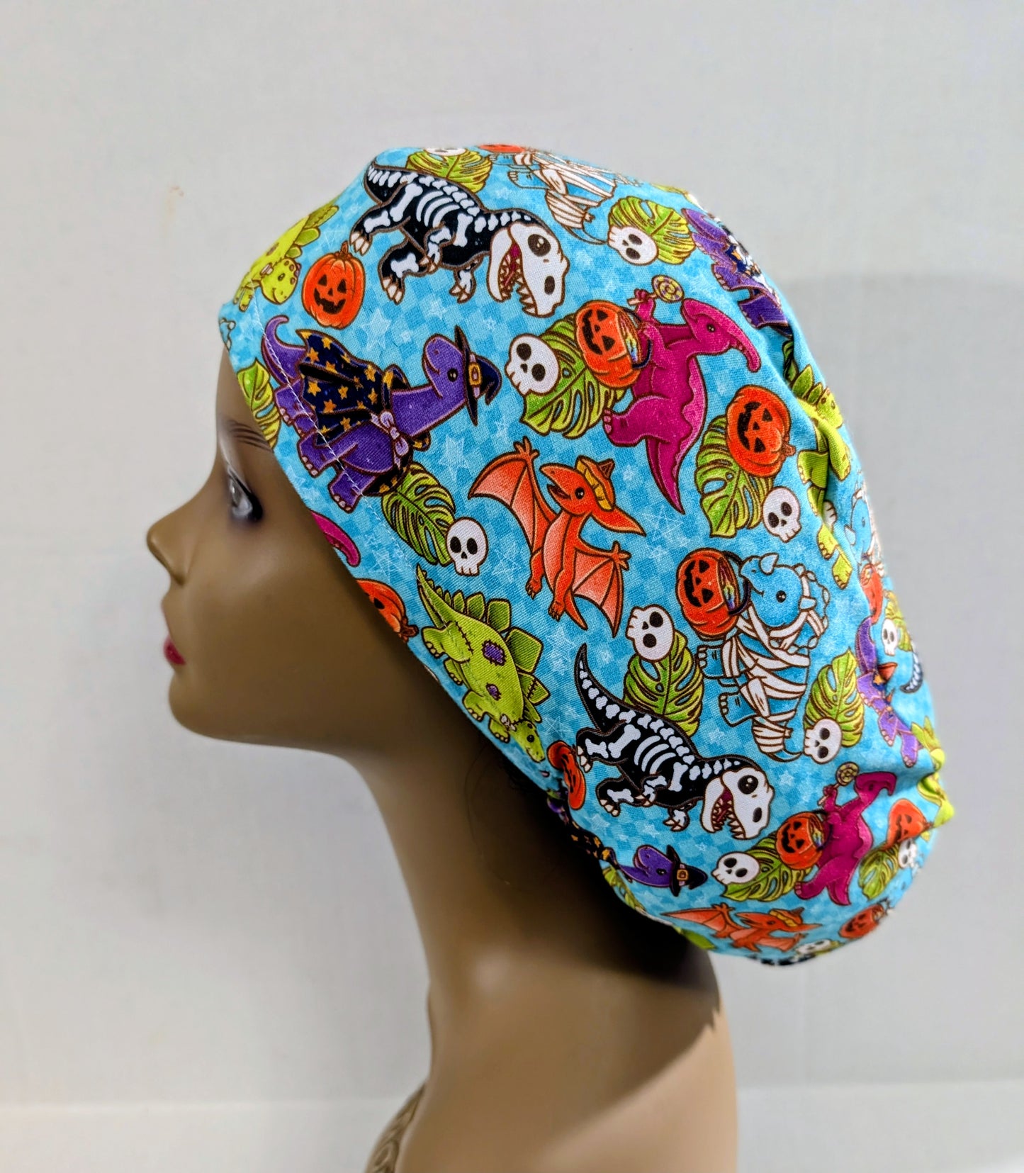 Scrub Cap, Surgical Hat, Euro Style Scrub Cap, Chemo Hat, Stretchy, Hat, Adjustable, Halloween, Dinosaur's, Skeleton