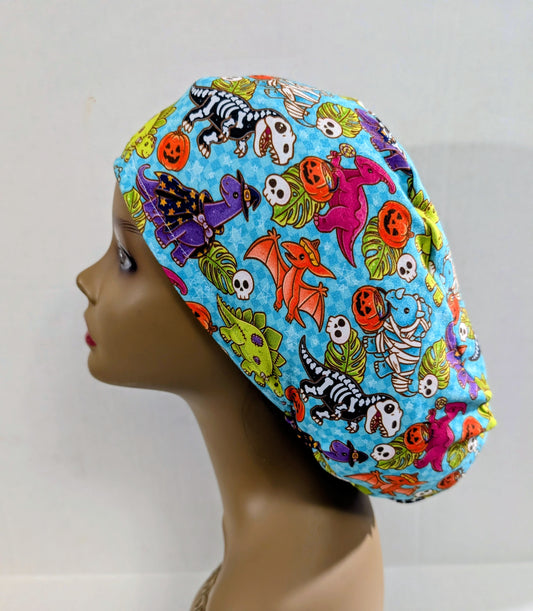 Scrub Cap, Surgical Hat, Euro Style Scrub Cap, Chemo Hat, Stretchy, Hat, Adjustable, Halloween, Dinosaur's, Skeleton