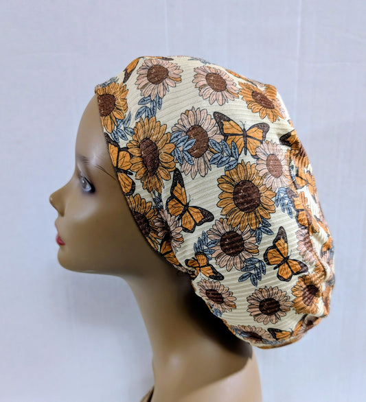 Scrub Cap, Surgical Hat, Euro Scrub Cap, European, Stretchy, Butterfly, Sunflowers