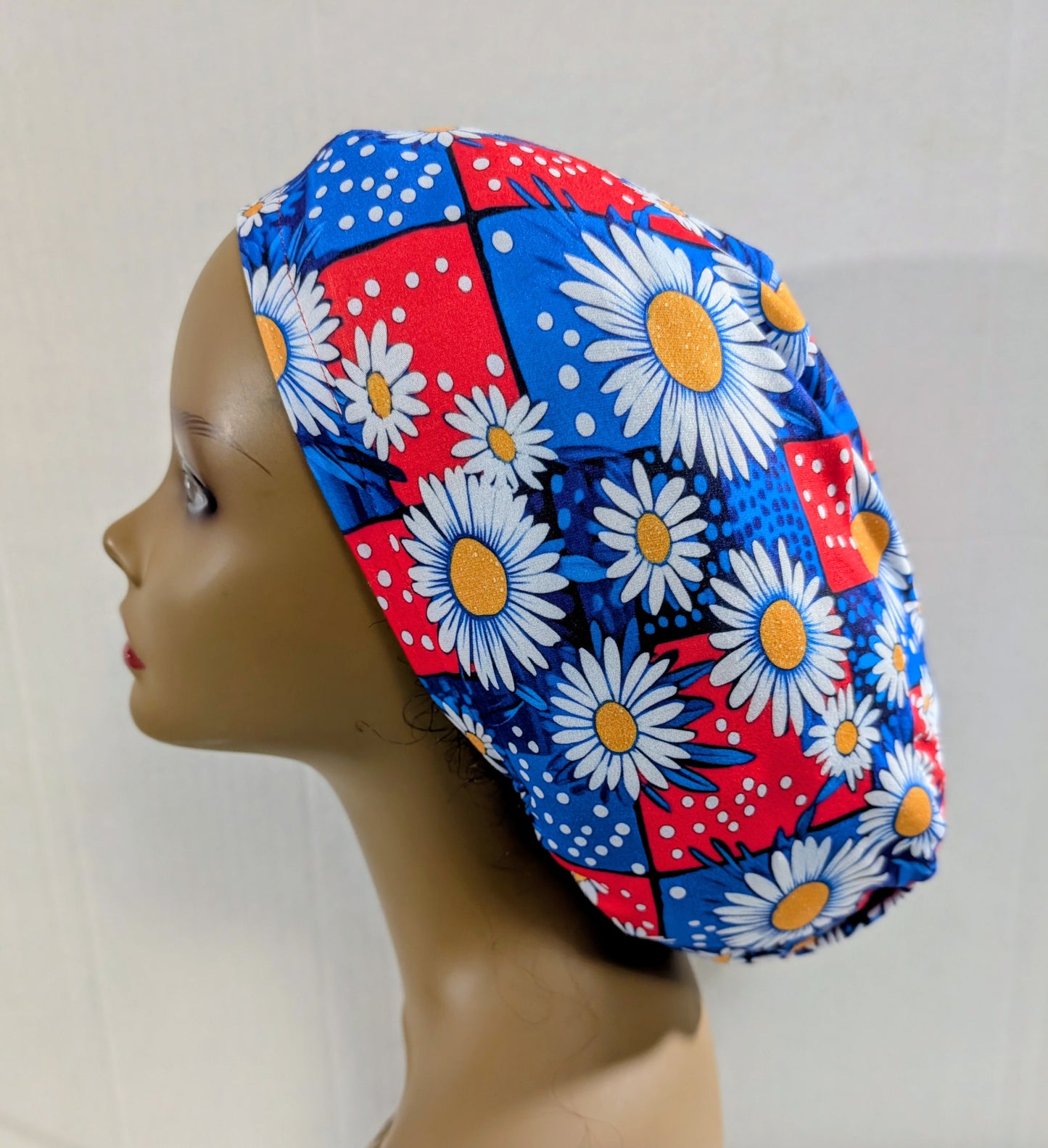 Scrub Cap, Surgical Hat, Euro Style Scrub Cap, Chemo Hat, Stretchy, USA, 4th of July, Memorial Day, Daisies