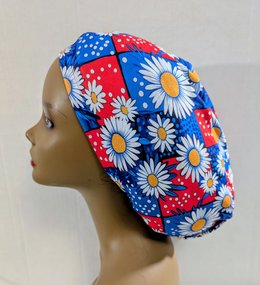 Scrub Cap, Surgical Hat, Euro Style Scrub Cap, Chemo Hat, Stretchy, USA, 4th of July, Memorial Day, Daisies