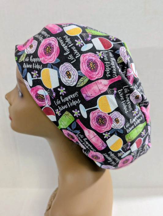 Scrub Cap, Surgical Hat, Euro Style Scrub Cap, Chemo Hat, Stretchy, Hat, Adjustable, Wine, Life Happens