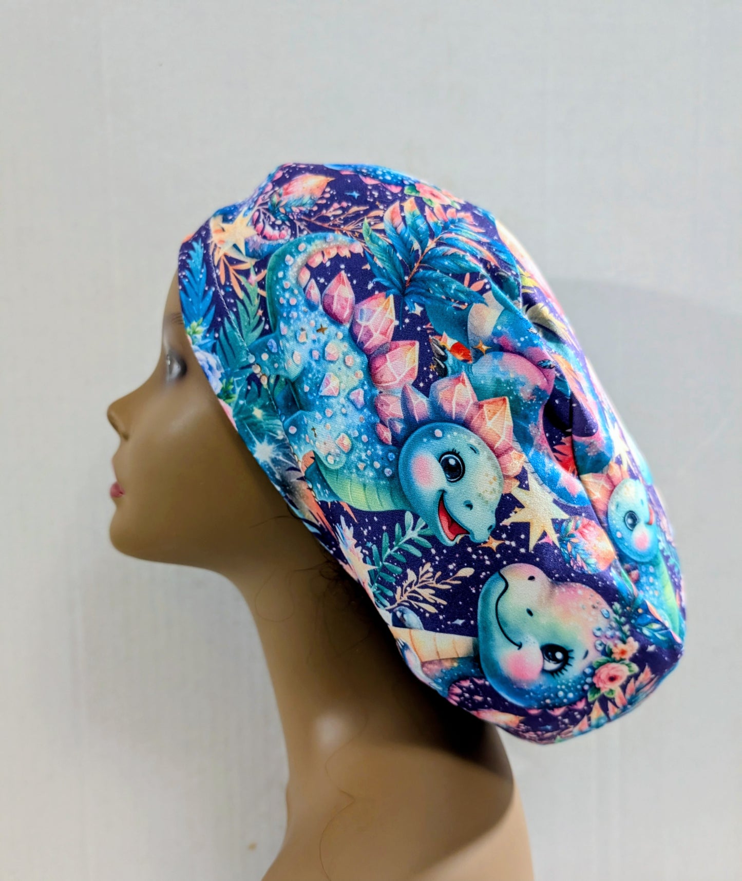 Scrub Cap, Surgical Hat, Euro Scrub Cap, Stretchy, Dinosaurs