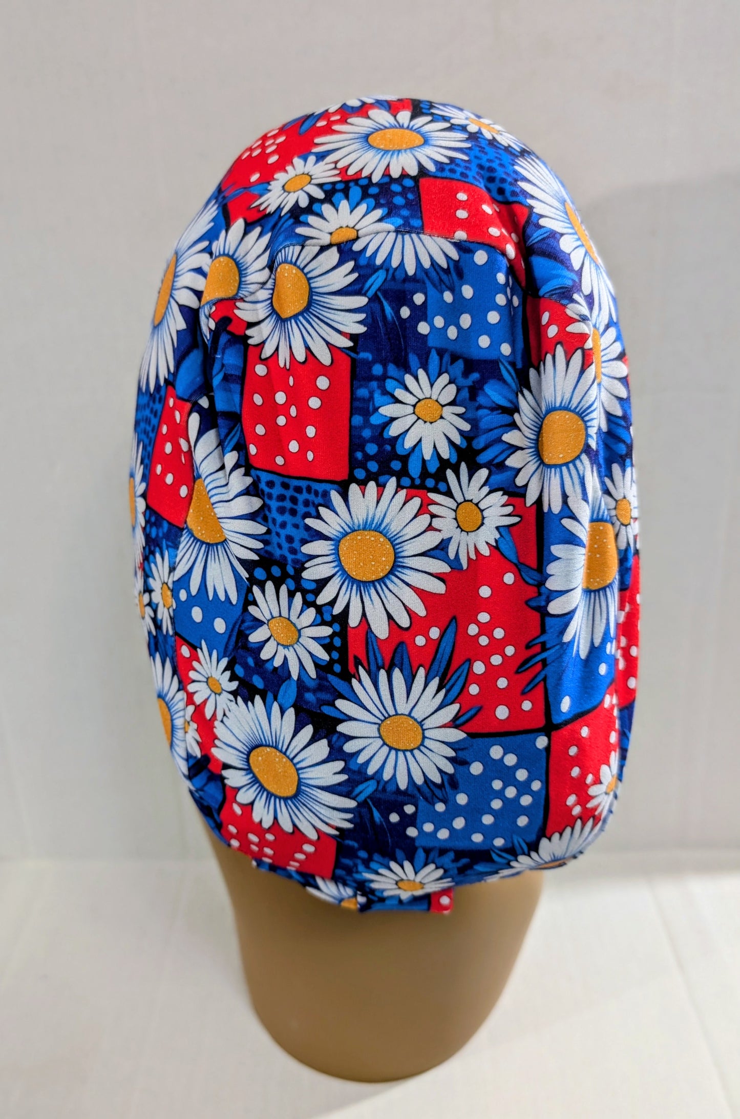 Scrub Cap, Surgical Hat, Euro Style Scrub Cap, Chemo Hat, Stretchy, USA, 4th of July, Memorial Day, Daisies