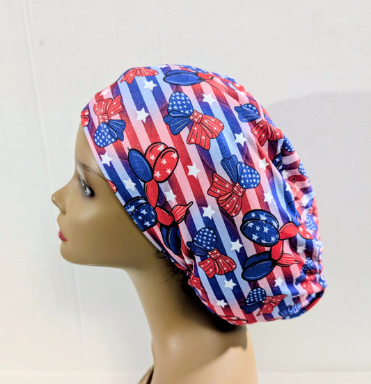 Scrub Cap, Surgical Hat, Euro Style Scrub Cap, Chemo Hat, Stretchy, USA, 4th of July, Memorial Day