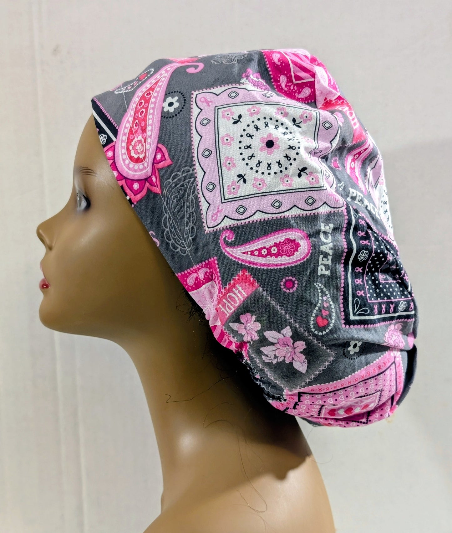 Scrub Cap, Surgical Hat, Euro Style Scrub Cap, Chemo Hat, Breast Cancer Awareness