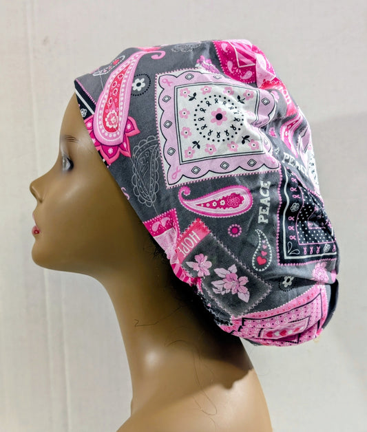 Scrub Cap, Surgical Hat, Euro Style Scrub Cap, Chemo Hat, Breast Cancer Awareness