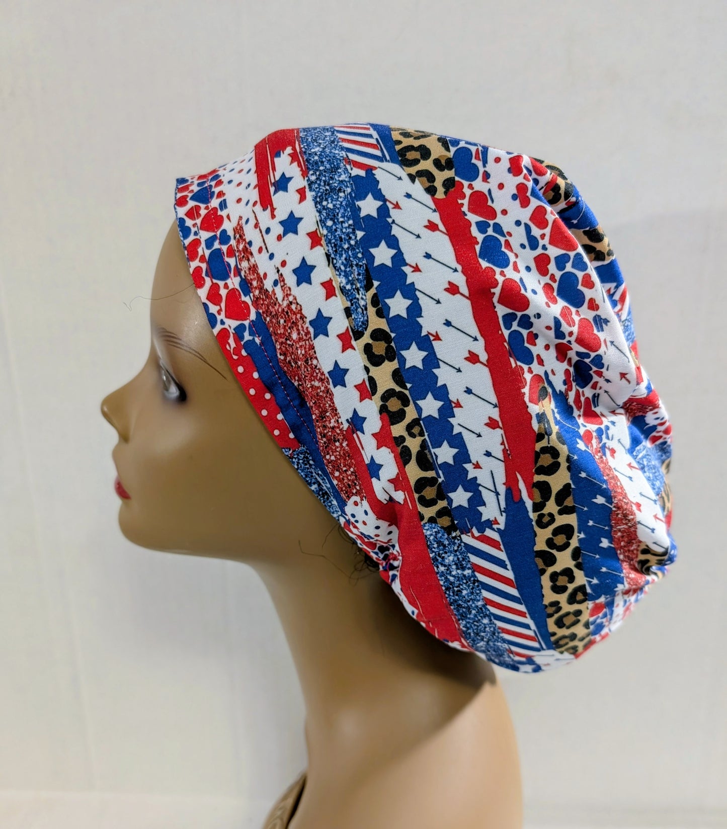 Scrub Cap, Surgical Hat, Euro Style Scrub Cap, Chemo Hat, USA, Patriotic, Leopard Print, 4th of July