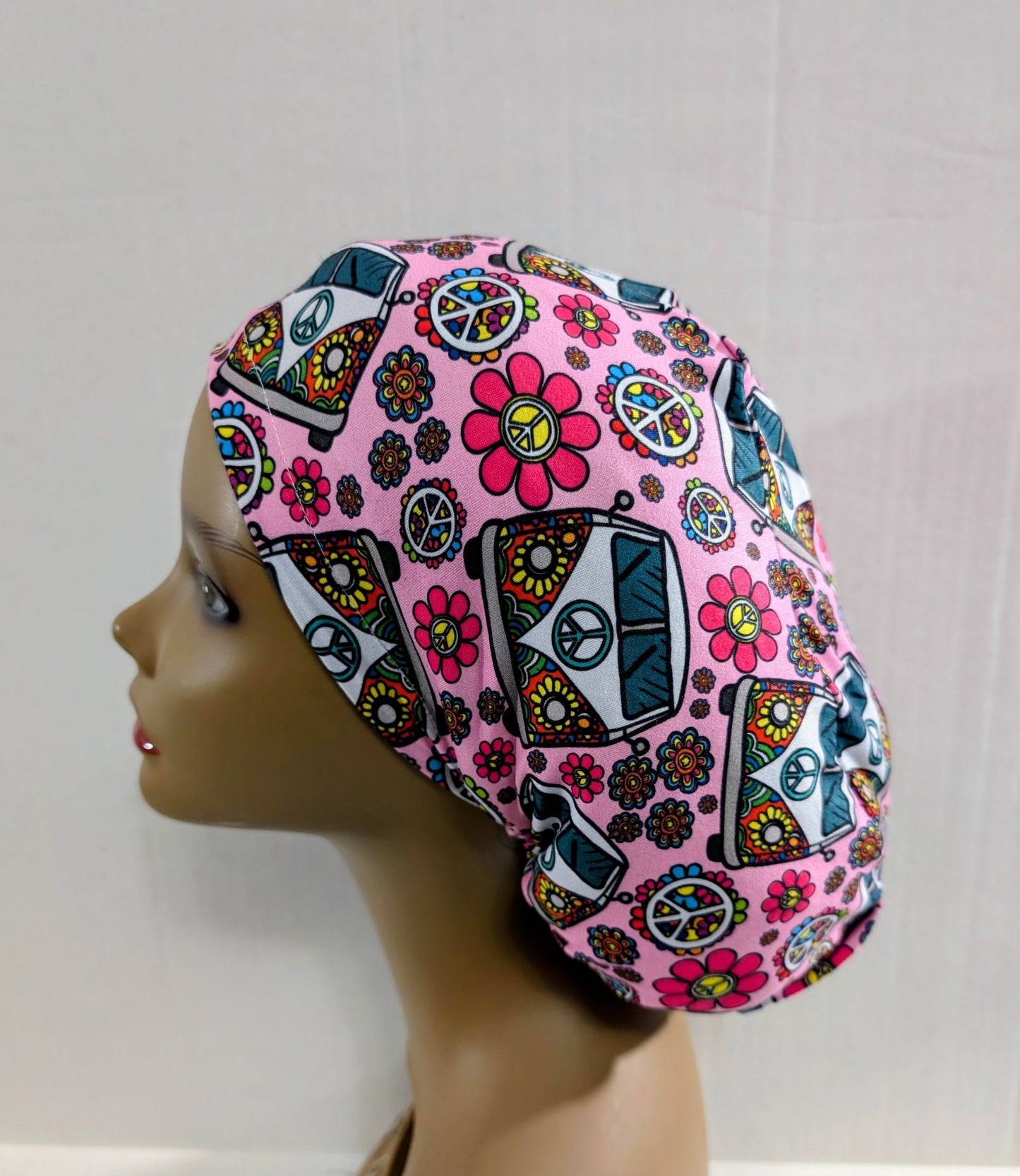 Scrub Cap, Surgical Hat, Euro Scrub Cap, European, Stretchy, Peace, Hippie, Flower Child