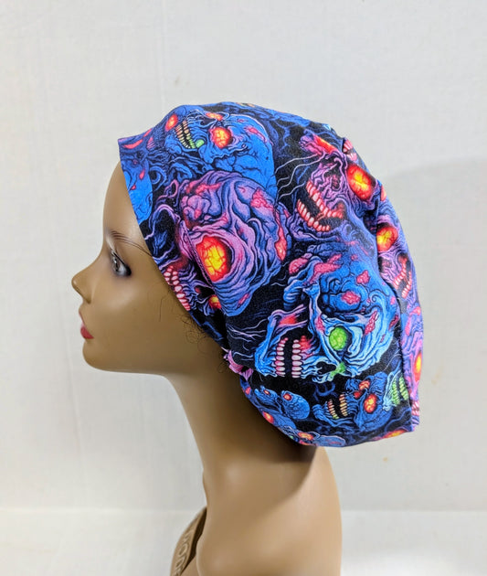 Scrub Cap, Surgical Hat, Euro Style Scrub Cap, Chemo Hat, Stretchy, Hat, Adjustable, Halloween, Skulls, Zombie
