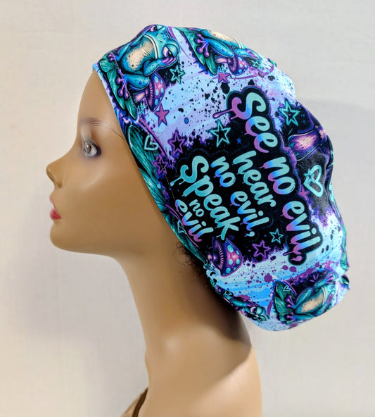 Scrub Cap, Surgical Hat, Euro Style Scrub Cap, Chemo Hat, Stretchy, Hat, Frogs, Hear No Evil, Speak No Evil