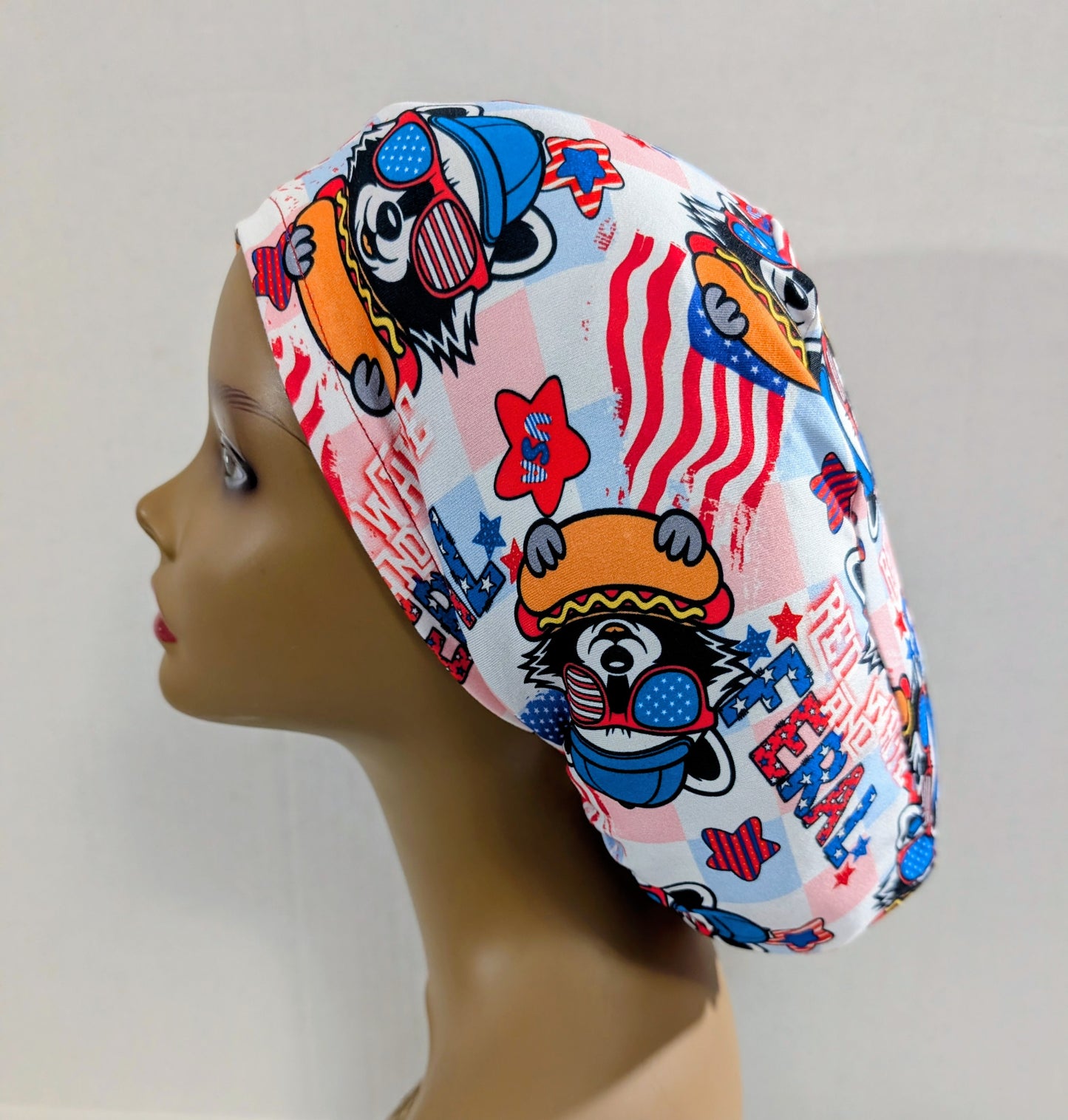4th of July, USA, Raccoon, Scrub Cap, Surgical Hat, Euro Scrub Cap, European, Chemo Hat