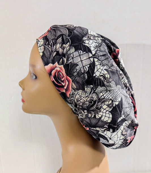 Scrub Cap, Surgical Hat, Euro Style Scrub Cap, Stretchy, Bats, Roses, Spiderweb, Gothic