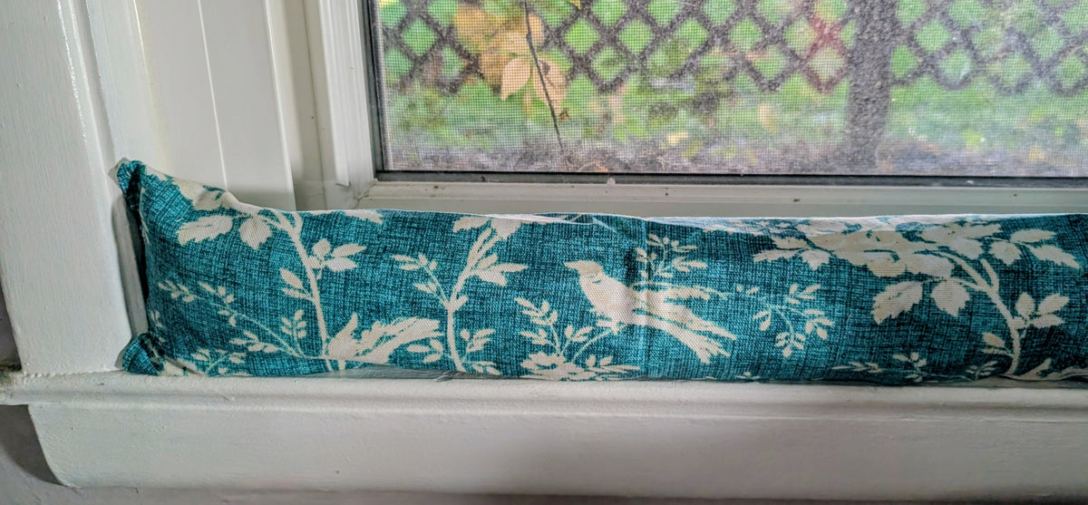 Door Draft Stopper, Cedar Filled, Draft Stopper, Window Draft Stopper, Teal, Birds, Flowers