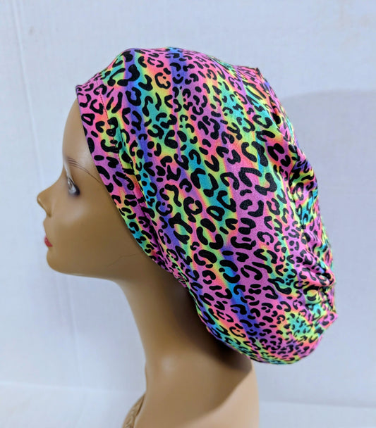 Scrub Cap, Surgical Hat, Euro Style Scrub Cap, Stretchy, Leopard Print