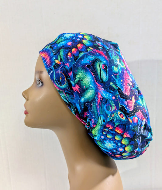 Scrub Cap, Surgical Hat, Euro Style Scrub Cap, Stretchy, Dinosaur