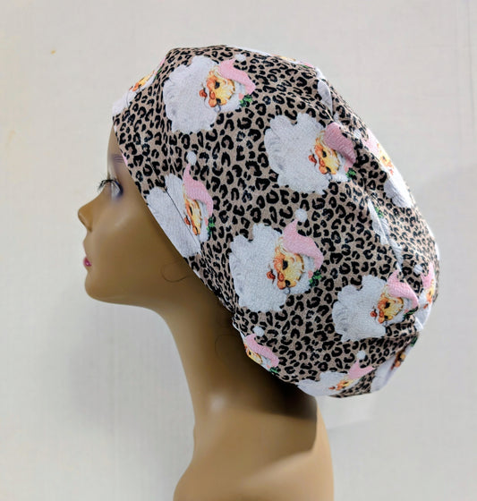 Scrub Cap, Surgical Hat, Euro Style Scrub Cap, Chemo Hat, Stretchy, Adjustable, Santa, Christmas, Leopard Print