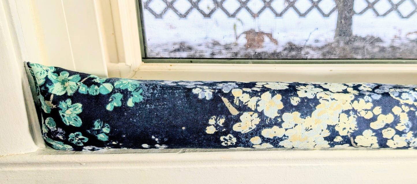Door Draft Stopper, Cedar Filled, Window Draft Stopper, Blossoms, Blue