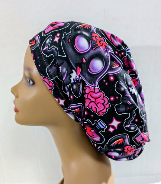 Scrub Cap, Surgical Hat, Euro Style Scrub Cap, Chemo Hat, Stretchy, Adjustable, Halloween, Cats, Zombie