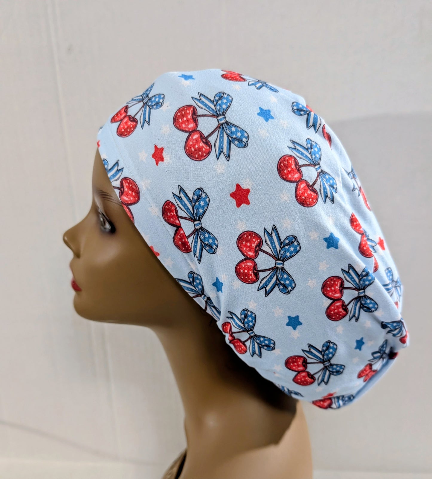 Scrub Cap, Surgical Hat, Euro Style Scrub Cap, Chemo Hat, Stretchy, USA, 4th of July, Memorial Day, Cherries
